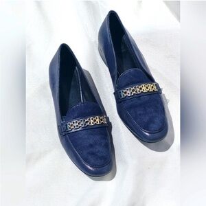 Tory Burch Loafers Gemini Link Leather & Pony Hair in Navy